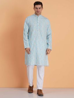SG LEMAN - Sky-Blue Embroidered Kurta and Pyjama (Set of 2)