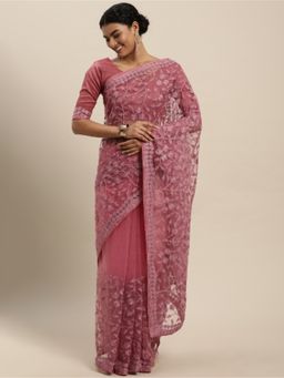 VAIRAGEE - Mauve Floral Embroidered Net Saree with Unstitched Blouse
