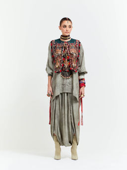 Aseem Kapoor - Grey Zuri Gilet With Kurta And Draped Trouser (Set of 3)