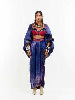 Aseem Kapoor - Blue Gami Envelope Jacket With Blouse And Skirt (Set of 3)
