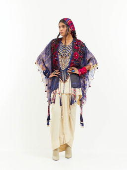 Aseem Kapoor - Beige Veni Cape With Kurti And Skirt (Set of 3)