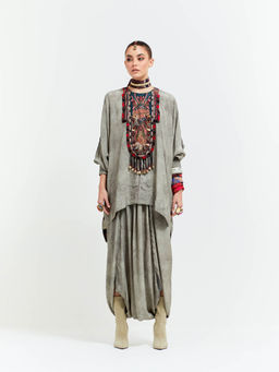 Aseem Kapoor - Grey Kuru Trapeze Kurta With Draped Trouser (Set of 2)