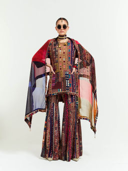 Aseem Kapoor - Brown Mitra Short Kurta With Sharara And Dupatta (Set of 3)