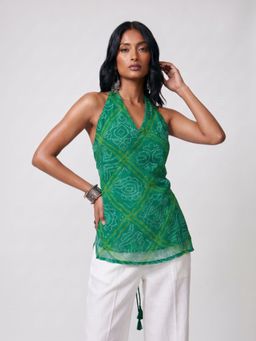 NISHORAMA - Green Leela Bandhani Halter Neck Tunic