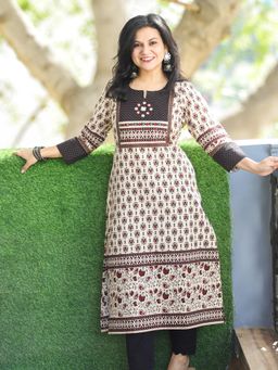 DESI SANDOOK - Woman's Beige Kutch Mirror Work Ajrakh Print Kurta