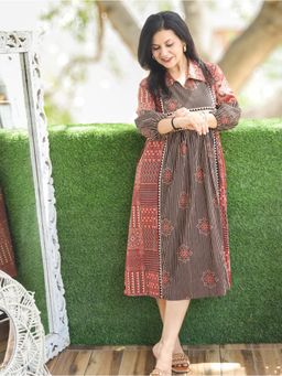 DESI SANDOOK - Women'S Multicolor Panel Style Mirror Work Dress