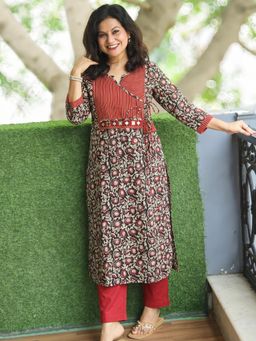 DESI SANDOOK - Woman's Angrakha Yoke with Mirror Kalamkari Multicolor Kurta