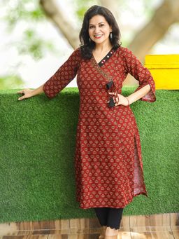 DESI SANDOOK - Woman's Maroon Red Angrakha with Knot Lotus Ajrakh Kurta