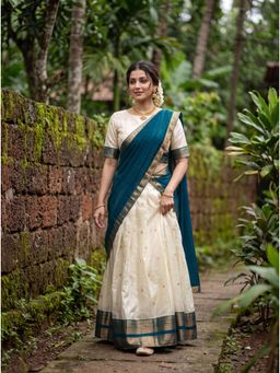 Kasee - Cream Border Detail Art Silk Semi-Stitched Lehenga and Unstitched Choli with Dupatta