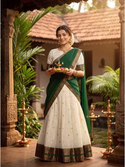 Kasee - Cream Border Detail Art Silk Semi-Stitched Lehenga and Unstitched Choli with Dupatta