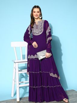 INDDUS - Purple Women Yoke Design Thread Work Kurta with Sharara and Dupatta