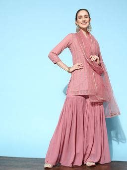 INDDUS - Women Light Pink Zari Embroidered Stripes Kurta with Sharara and Dupatta