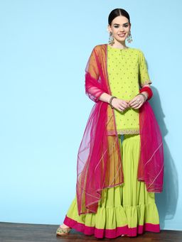 INDDUS - Women Neon Green Zari Embroidered Kurta with Sharara and Dupatta