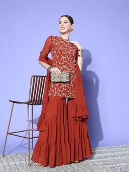 INDDUS - Rust Women Floral Zari Embroidered Kurta with Sharara and Dupatta