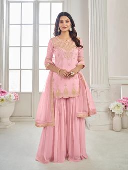 INDDUS - Pink Women Ethnic Motifs Embroidered Sequinned Kurti with Sharara and Dupatta