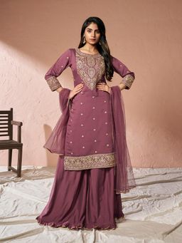 INDDUS - Women Mauve Floral Zari Stright Kurta with Palazzo and Dupatta