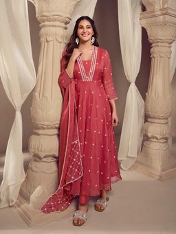 INDDUS - Rust Women Thread Embroidered Kurta with Pant and Dupatta