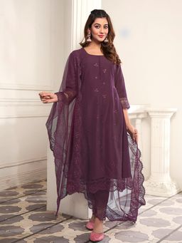 INDDUS - Wine Women Floral Embroidered and Thread Work A-Line Kurta with Pant and Dupatta