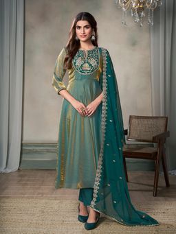 INDDUS - Green Women Floral Zari and Sequinned A-Line Kurta with Pant and Dupatta