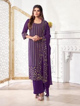 INDDUS - Purple Women Floral Thread and Sequinned Embroidered Kurta with Pant and Dupatta