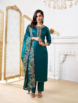 INDDUS - Teal Women Floral Zari and Embroidered Yoke Design Kurta with Pant and Dupatta
