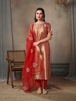 INDDUS - Orange Women Jacquard Paisley Embroidered Yoke Design Kurta with Pant and Dupatta