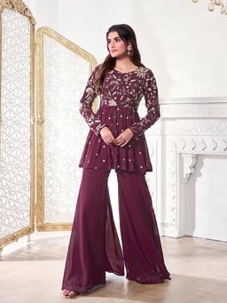 INDDUS - Wine Women Floral Multithread Embroidered Kurta with Sharara