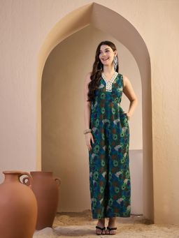 INDDUS - Green Floral Printed and Thread Embroidered Jumpsuit