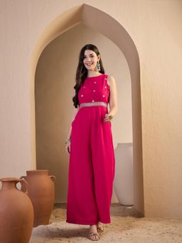 INDDUS - Pink Floral Zari and Sequinned Embroidered Jumpsuit