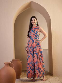 INDDUS - Peach Floral Paisley Printed Jumpsuit