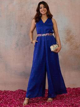 INDDUS - Blue Polka Dots Printed Jumpsuit with Printed Belt