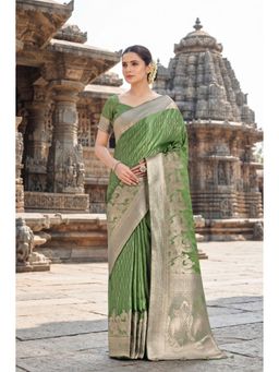 Monjolika Fashion - Dusty Green Banarasi Satin Silk Saree with Unstitched Blouse