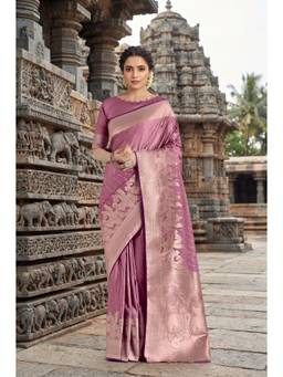 Monjolika Fashion - Dusty Pink Banarasi Satin Silk Saree with Unstitched Blouse