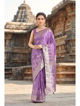 Monjolika Fashion - Lavender Banarasi Satin Silk Saree with Unstitched Blouse