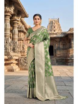Monjolika Fashion - Light Green Banarasi Satin Silk Saree with Unstitched Blouse