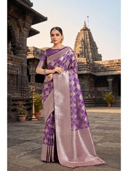 Monjolika Fashion - Light Purple Banarasi Satin Silk Saree with Unstitched Blouse