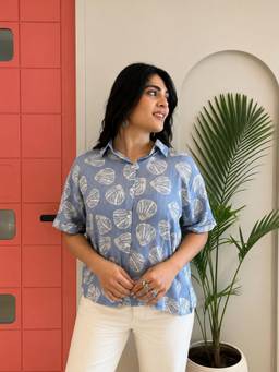 Maaesa - Blue Casual Cotton Printed Spread Collar Half Sleeves Regular Fit Shirt