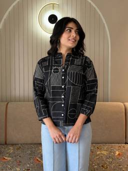 Maaesa - Black Casual Cotton Printed Mandarin Collar Full Sleeves Regular Fit Shirt