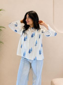 Maaesa - White Casual Cotton Printed Mandarin Collar Full Sleeves Regular Fit Shirt