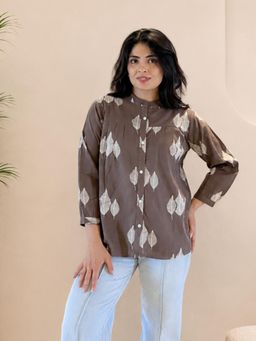 Maaesa - Grey Casual Cotton Printed Mandarin Collar Full Sleeves Regular Fit Shirt