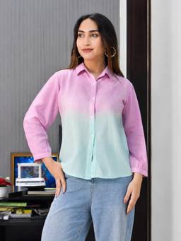 Maaesa - Multi-Color Casual Rayon Crepe Ombre Spread Collar Full Sleeves Womens Shirt