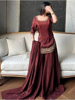Kedar Fab - Maroon Women's Pure Silk Embroidered Pakistani Kurta and Palazzo with Dupatta