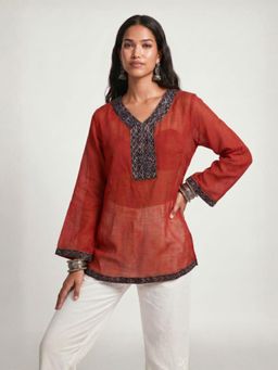 NISHORAMA - Red Shrishti Red Mul Cotton Cover Up Kurti