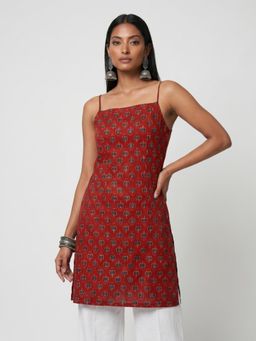 NISHORAMA - Red Ramya Noodle Strap Corset Kurti