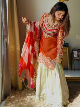 Kedar Fab - Rust Women's Shimmer Silk Ethnic Motif Embroidered Kurta and Sharara with Dupatta