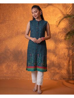 Juniper - Jade Teal Floral Buti Printed Viscose Kurta