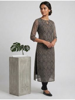 Juniper - Black Women Printed Polyester Straight Kurta