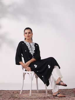 Shree - Women Liva Black Embroidered Kurta
