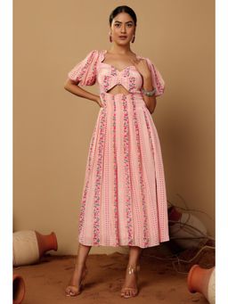 SILCHIC - Women'S Pink Floral Printed Satin Fit and Flare Midi Dress