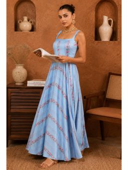 SILCHIC - Women'S Sky Blue Floral Printed Satin Flared Maxi Dress